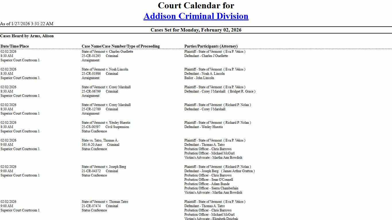 Addison Criminal Division Calendar