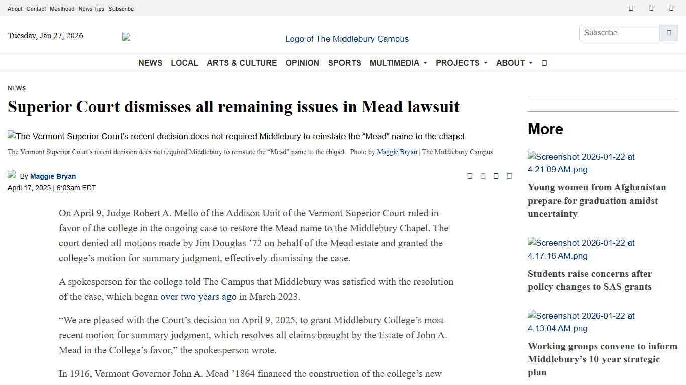 Superior Court dismisses all remaining issues in Mead lawsuit - The Middlebury Campus