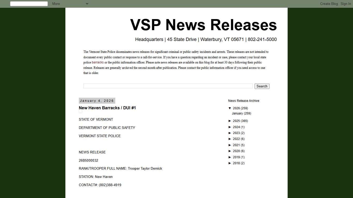 VSP News Releases: New Haven Barracks / DUI #1
